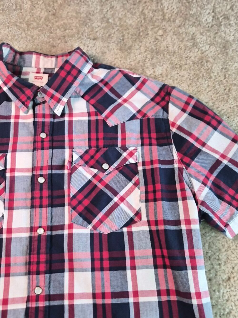 Levis Mens Pearl Snap Western Shirt Size 2XL Modern Fit Red Plaid Casual G058